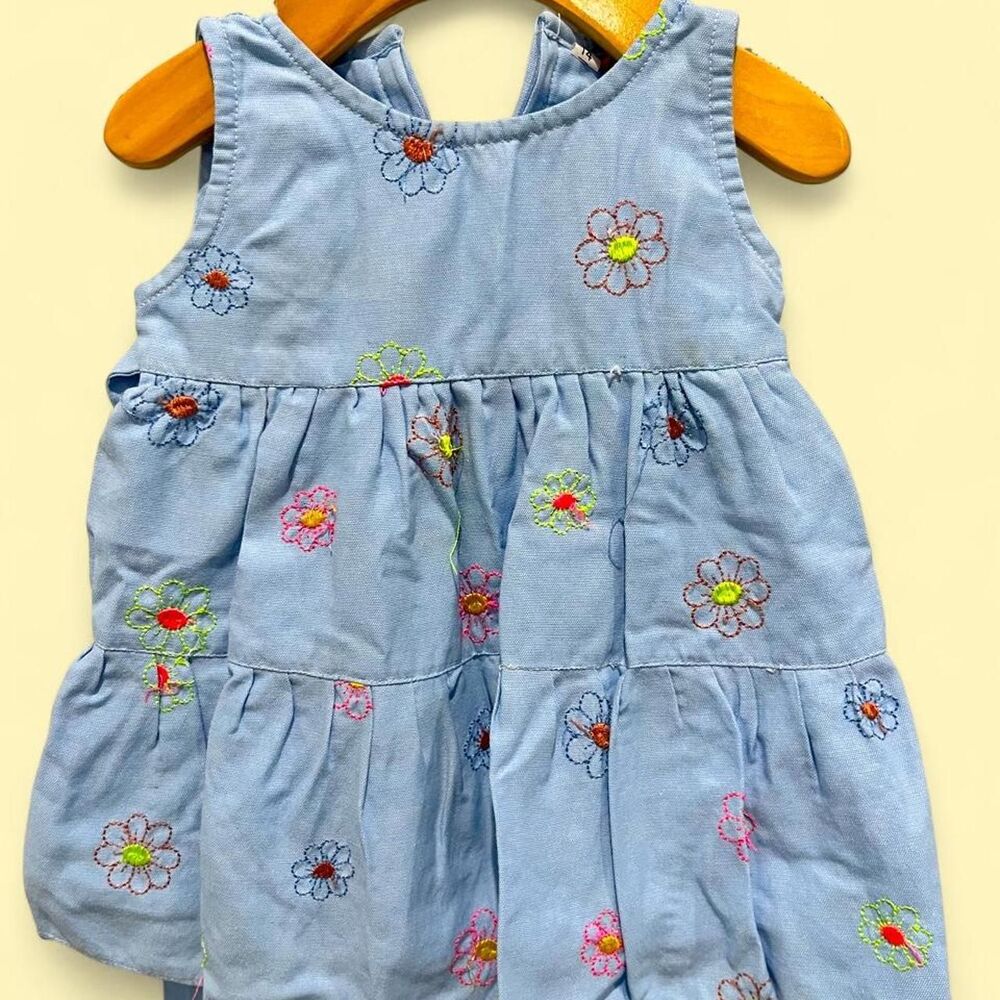 6-9m Blue floral embroidered heavy cotton dress